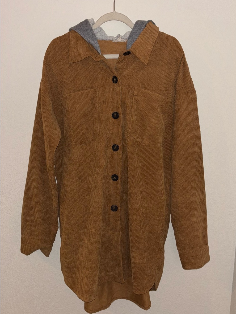 Corduroy Button-Up Shacket with Hood